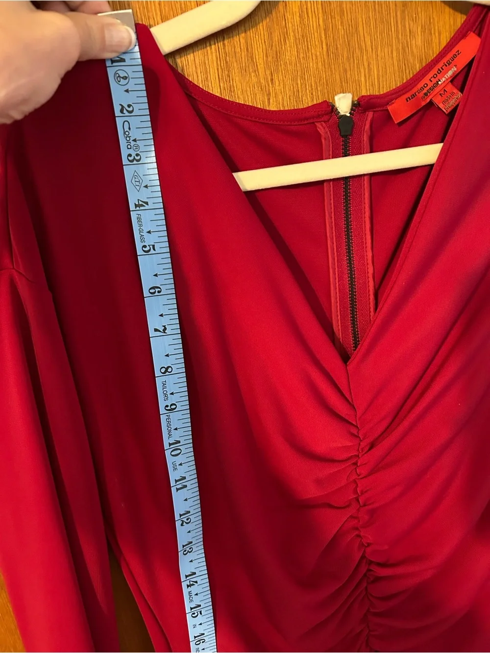 Narciso Rodriguez Ruched V-Neck Long Sleeve Red Sheath Dress
